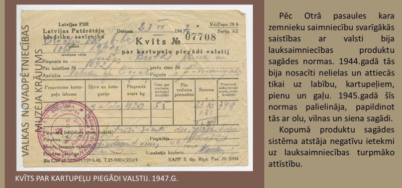 Fotogrāfija ar kvīti par kartupeļu piegādi valstij.