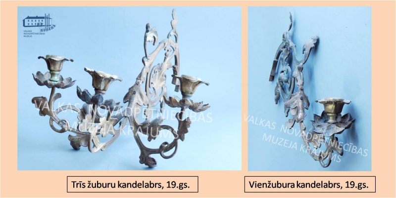 Trīs žuburu kandelabrs 19.gs., vienžuburu kandelabrs 19.gs. Grezni metāla svečturi. 