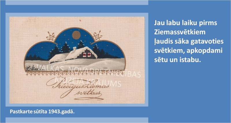 Digitāla Ziemassvētku pastkarte ar sniegotu ainavu ar mājiņu, tumši zilām debesīm, eglēm un sarkaniem logiem.