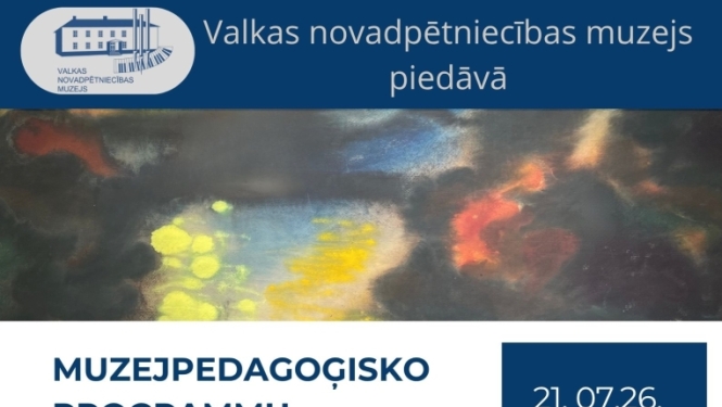 Muzejpedagoģiskās programmas afiša ar nodarbības satura piedāvājumu